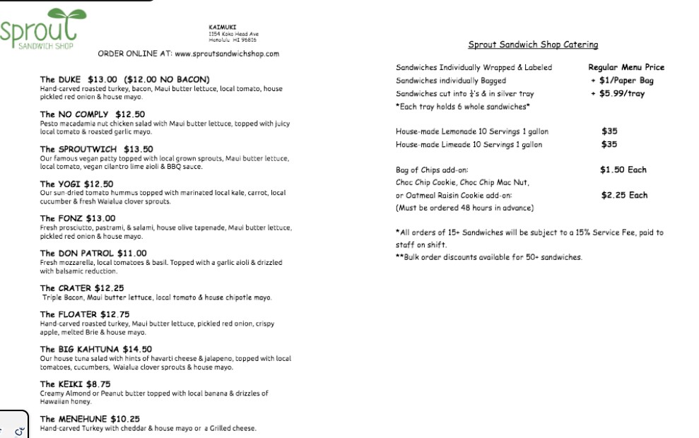 Fresh & Local Sandwiches in Honolulu, HI on Sprout Sandwich Shop Menu