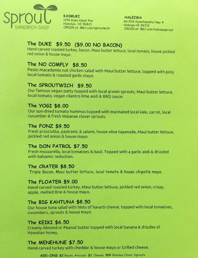 Fresh & Local Sandwiches in Honolulu, HI on Sprout Sandwich Shop Menu